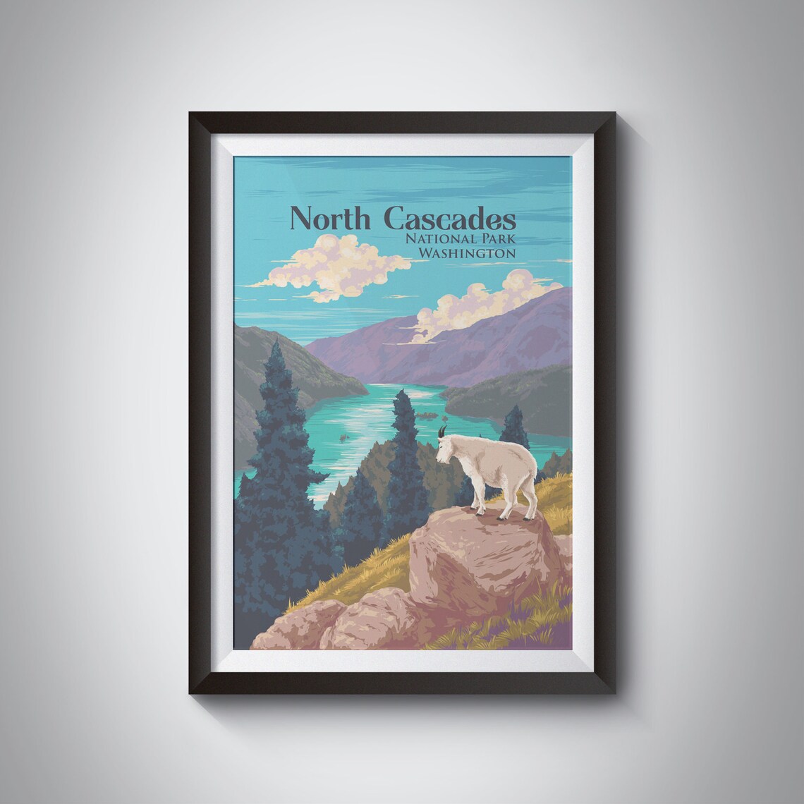 North Cascades Washington Mountain Goat Alpine Lake Travel Poster
