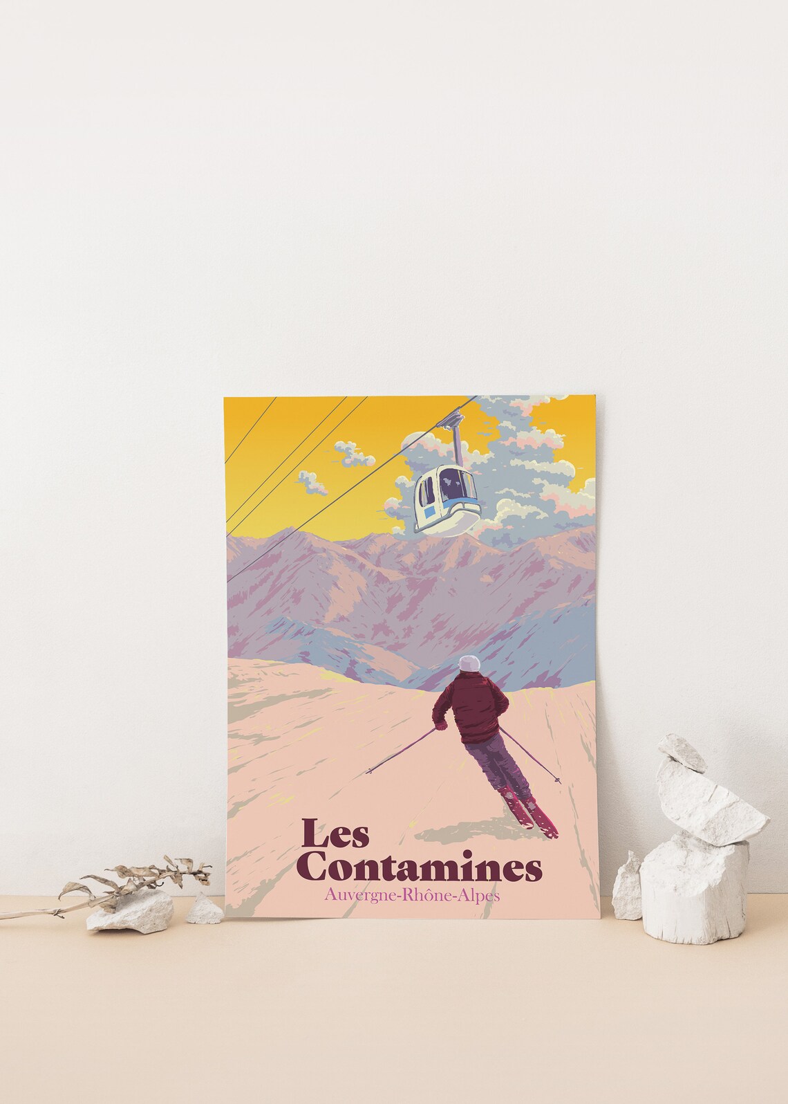 Les Contamines French Alps Golden Sky Vintage Ski Travel Poster - Image 4