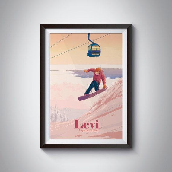 Levi Lapland Snowboarding Poster Finland Travel Print Finnish Lapland Ski Resort Scandinavian Wall Art Decor Scandi Gift Kittil