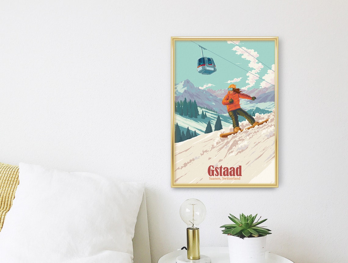 Gstaad Saanen Switzerland Gondola Snowboard Sunny Slope Poster - Image 3