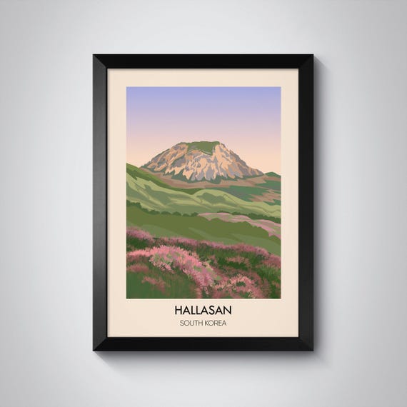 Hallasan South Korea Spring Blossom Fields Minimalist Mountain Travel Poster