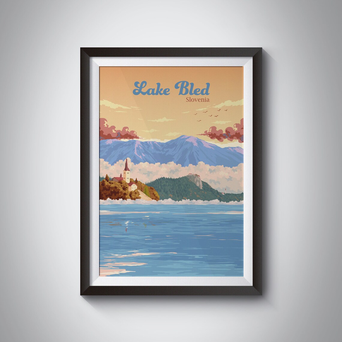 Lake Bled Slovenia Alpine Island Church Sunset Travel Poster