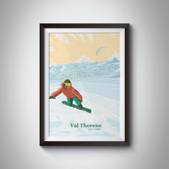 Val Thorens Snowboarding Poster Snowboard Gift Ski Resort Print Retro Vintage Three Valleys Skiing Wall Art Decor Meribel Courchevel