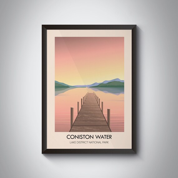 Coniston Water Lake District National Park Sunset Wooden Jetty Travel Poster