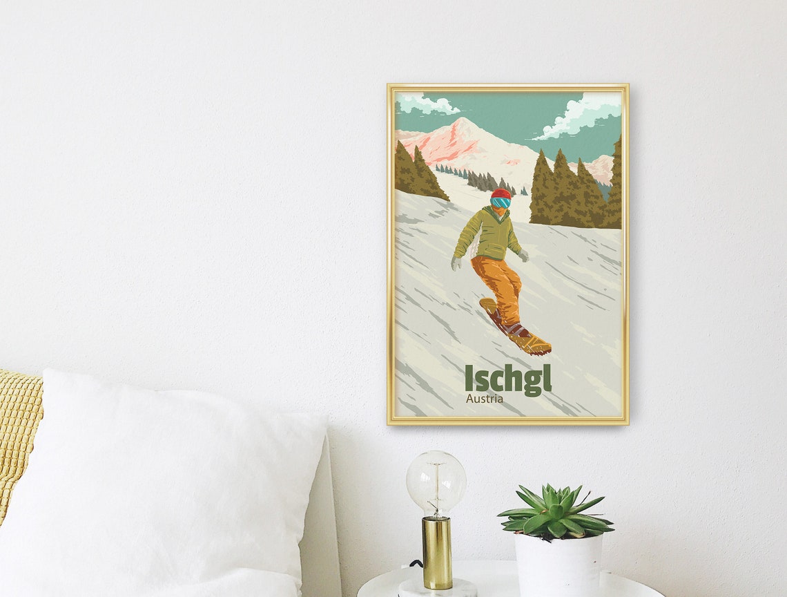 Ischgl Austria Vintage Snowboarder Alpine Slope Travel Poster - Image 3