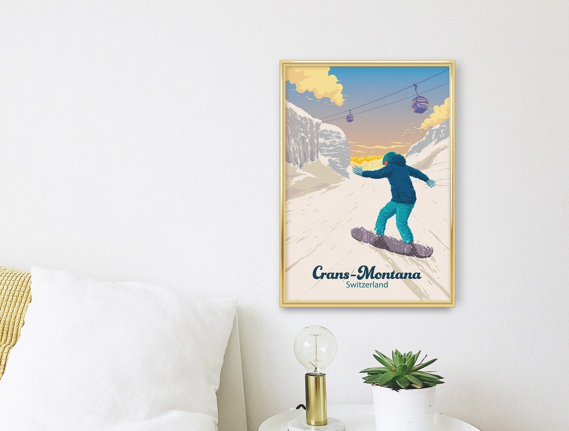 Crans-Montana Snowboarding Travel Poster, Retro Skiing - Image 3
