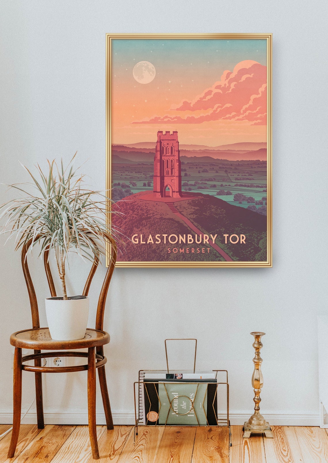 Glastonbury Tor Somerset Moonlit Tower Panoramic Sunset Poster - Image 2