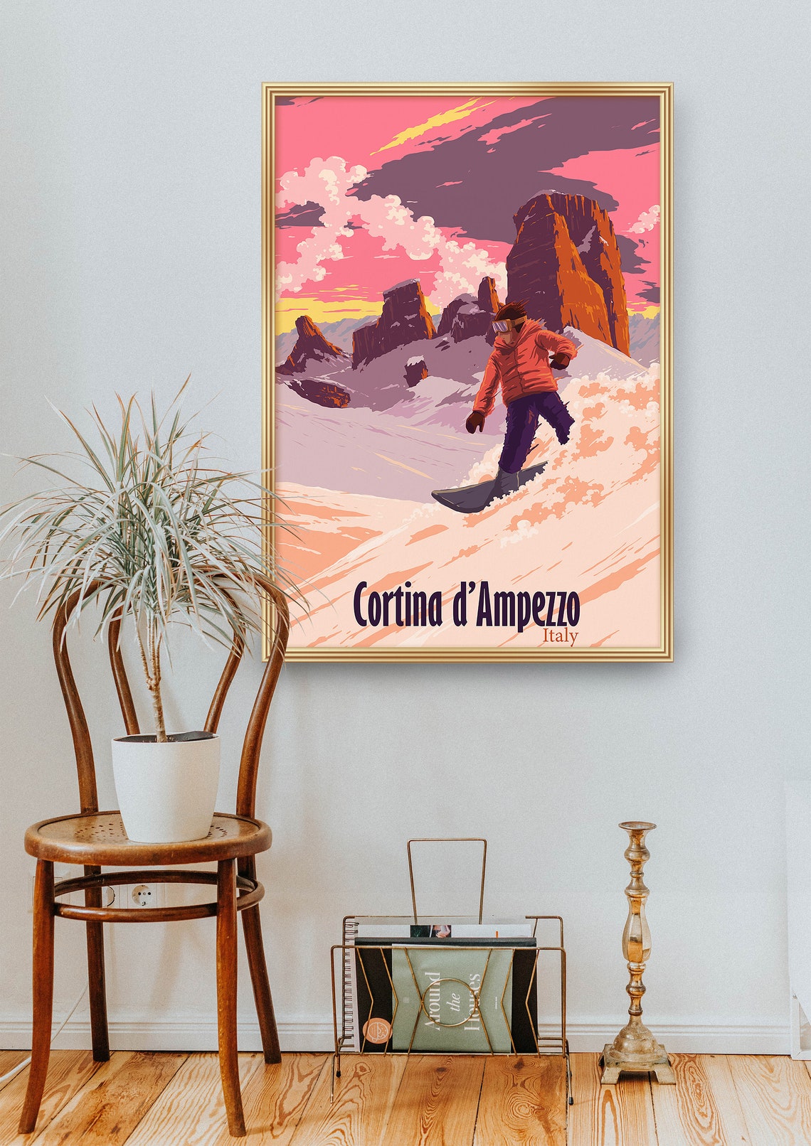 Cortina d'Ampezzo Dolomites Glowing Sunset Snowboarding Poster - Image 2