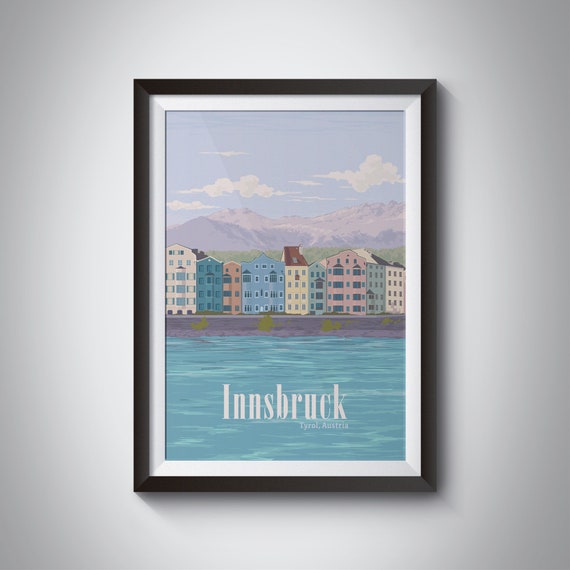 Innsbruck Poster Austria Travel Print Tyrol Mountains Tyrolean Alps Skiing Vintage Inn River Retro Wall Art Mariahilf Street Gift