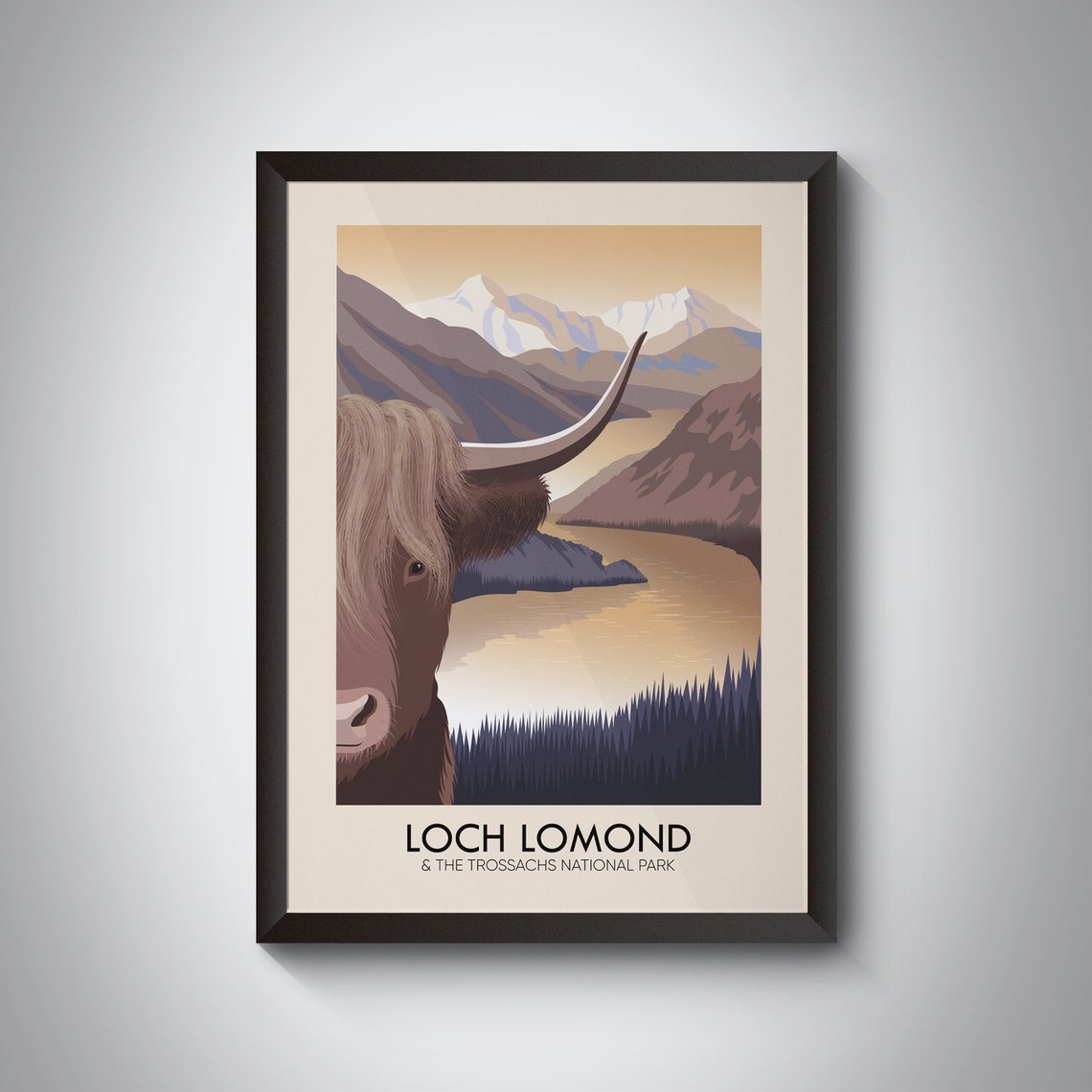 Loch Lomond And The Trossachs National Park Poster Highland Cow Scotland Scottish Highlands Vintage Travel Poster Loch Ness Uk Print