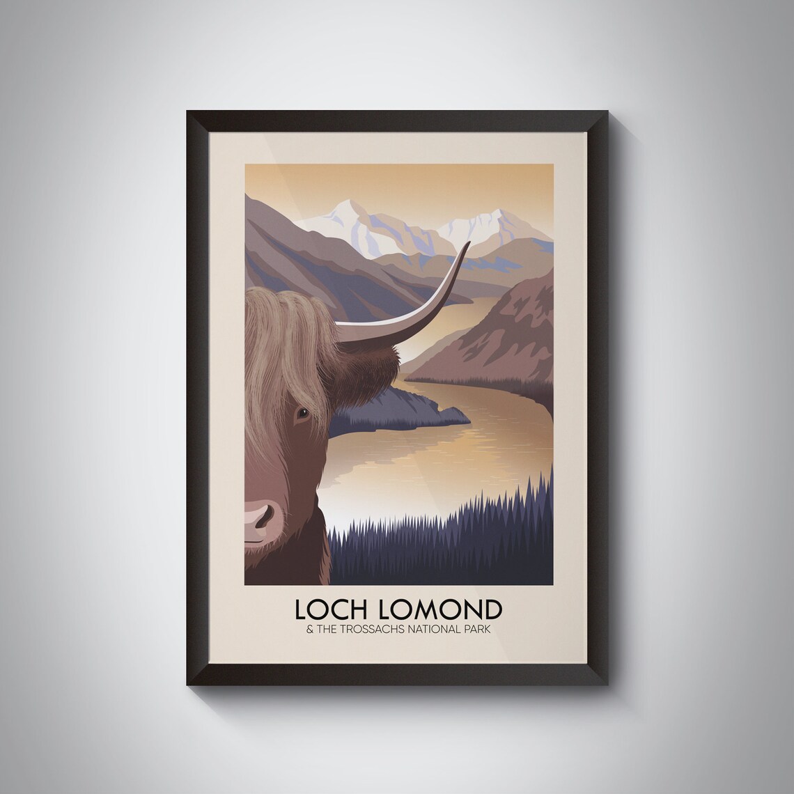 Loch Lomond Trossachs Highland Cow Mountains Vintage Travel Poster