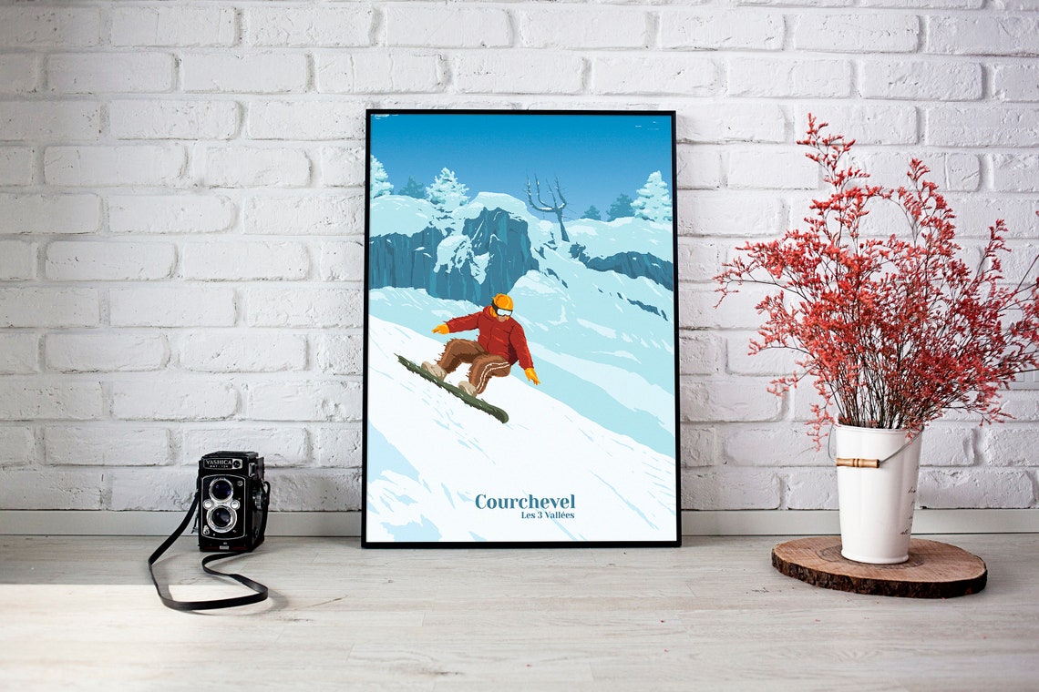 Courchevel France Snowboarder Cliffs Blue Sky Les 3 Vallees Ski Poster - Image 3