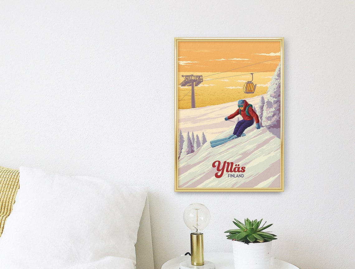 Ylläs Finland Lapland Skier Golden Sunset Slope Vintage Ski Poster - Image 3