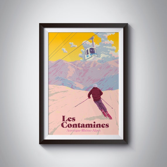 Les Contamines Montjoie Ski Resort Poster Rhone Alpes Skiing Print France Snowboarding Haute Savoie Skiing Gift Vintage Ski Print