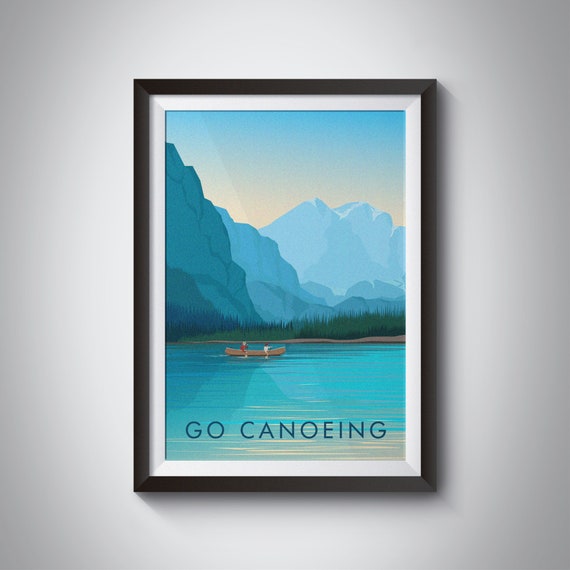 Go Canoeing Turquoise Alpine Lake Mountain Pair Canoe Vintage Poster