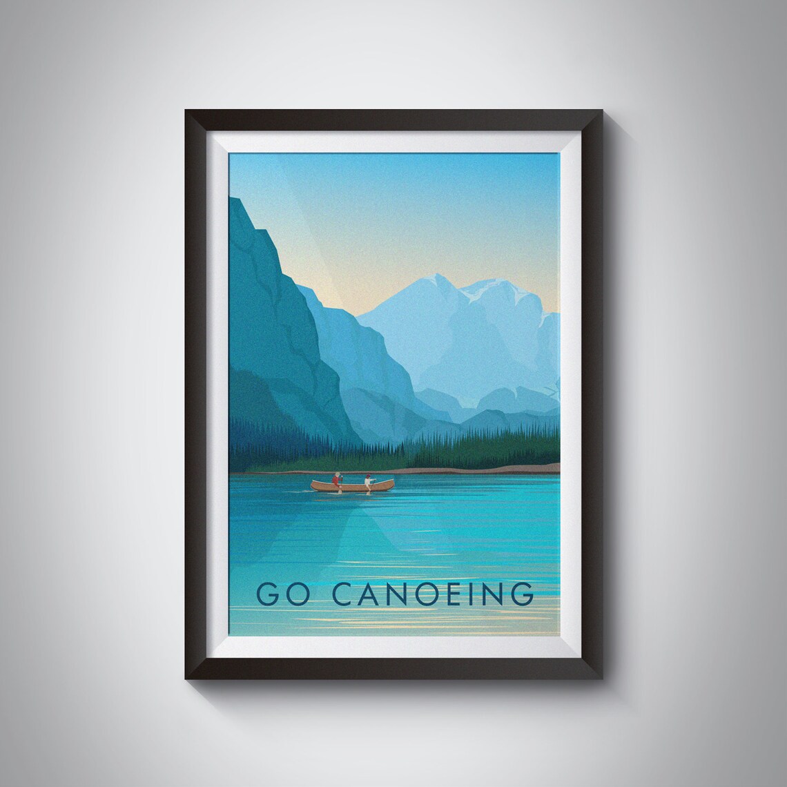Go Canoeing Turquoise Alpine Lake Mountain Pair Canoe Vintage Poster