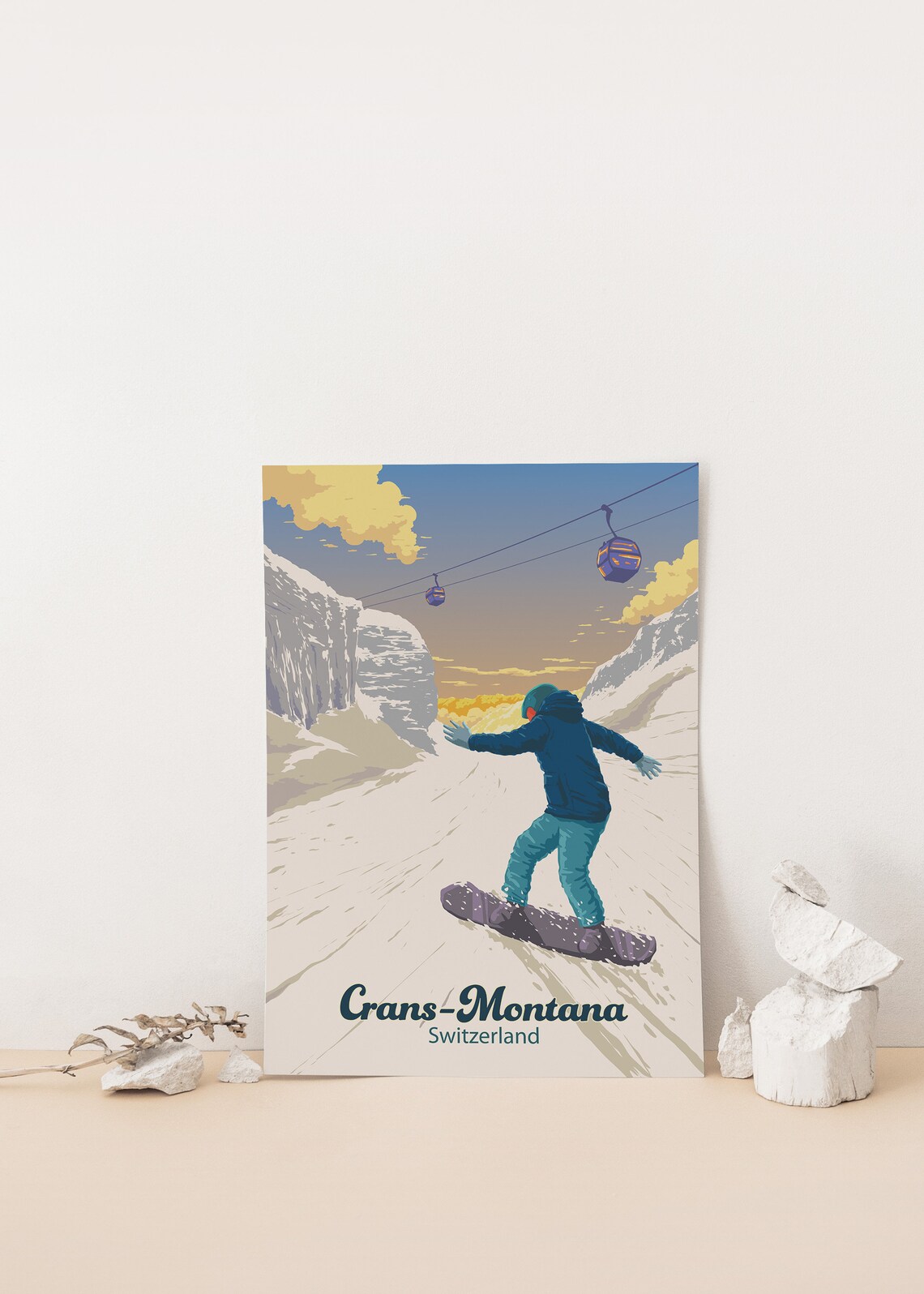Crans-Montana Snowboarding Travel Poster, Retro Skiing - Image 4
