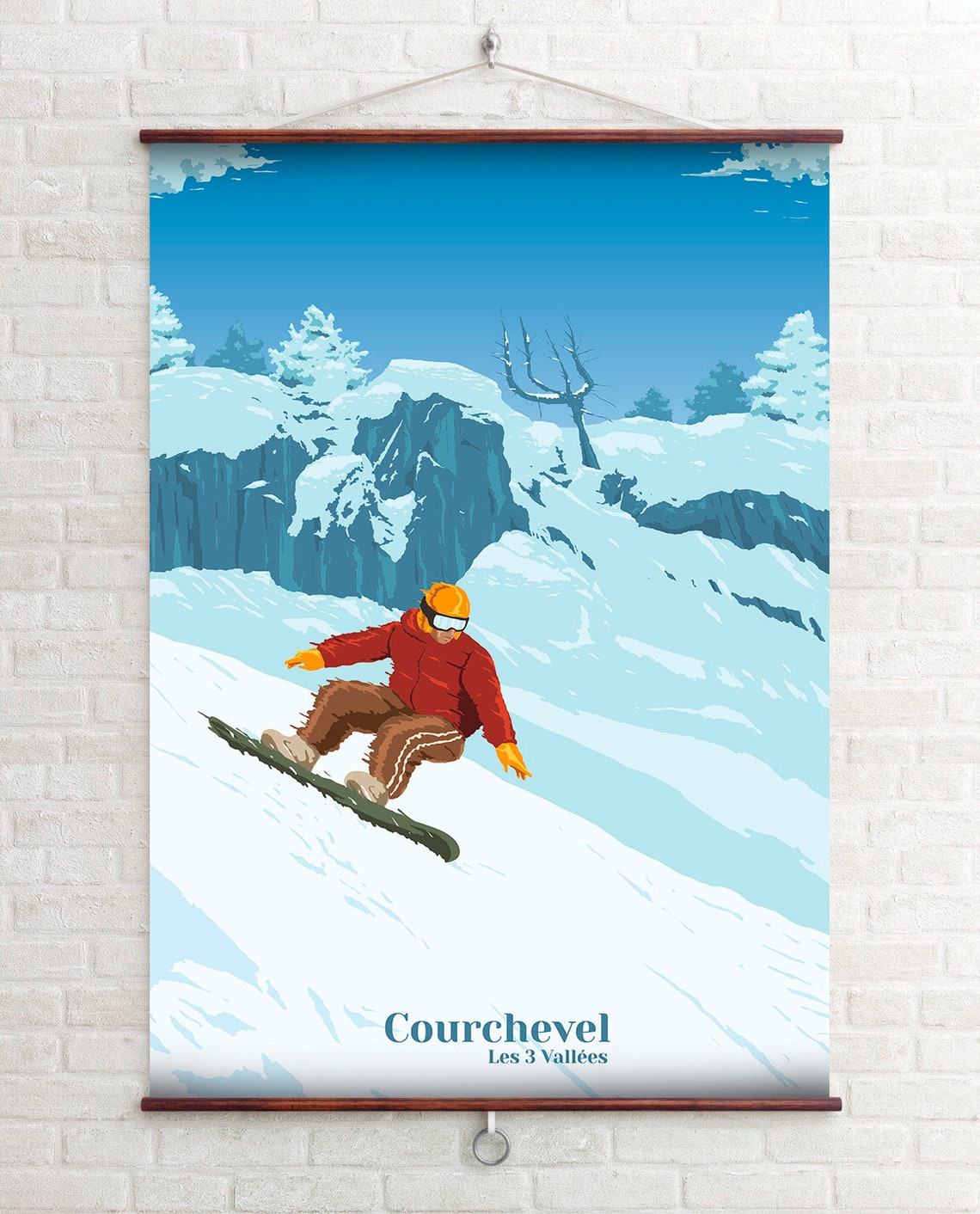 Courchevel France Snowboarder Cliffs Blue Sky Les 3 Vallees Ski Poster - Image 2