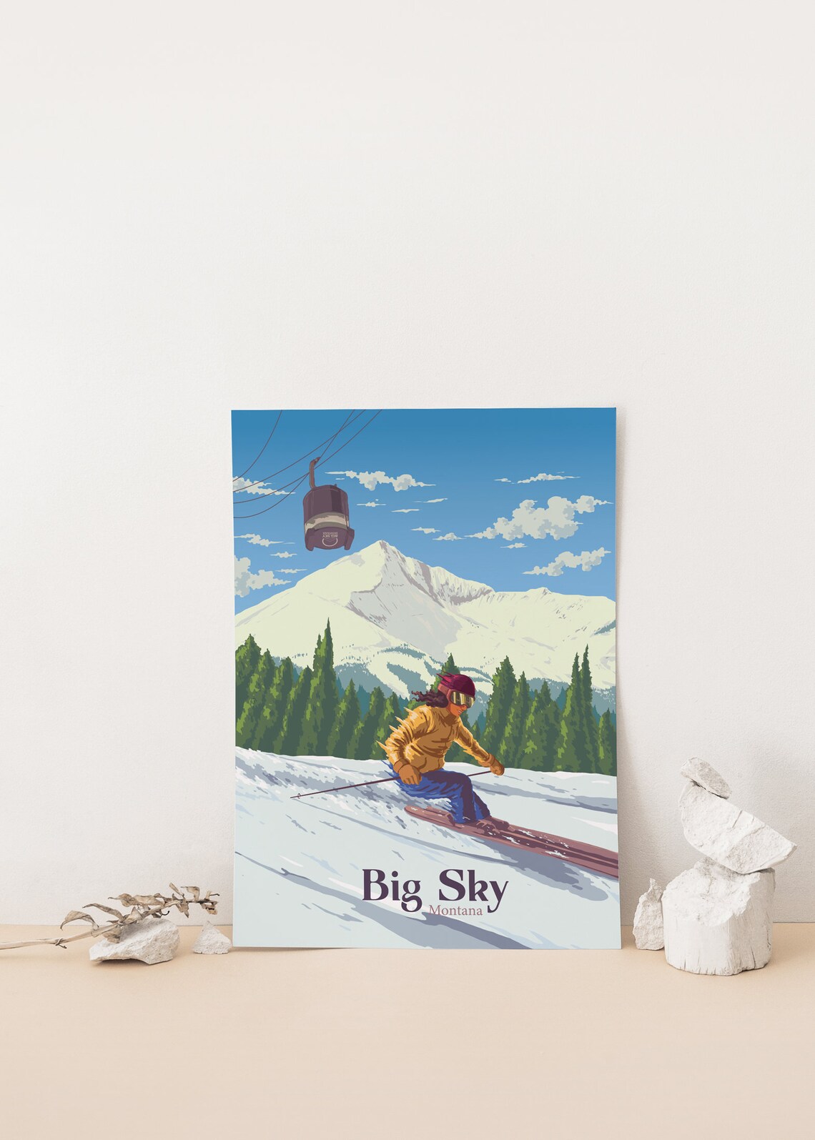 Big Sky Montana Skier Descending Gondola Peak Scene View Poster - Image 4