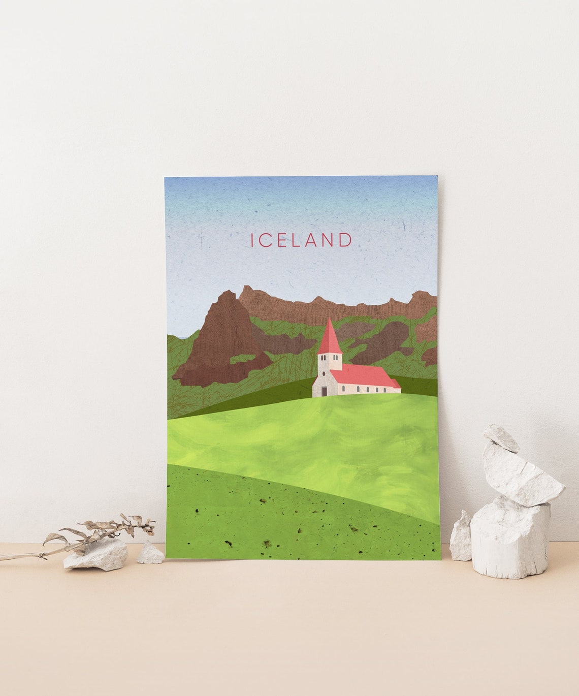 Iceland Red Roofed Church Green Valley Volcanic Peaks Poster - Image 4