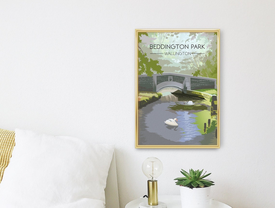 Beddington Park Wallington Swans Gliding River Bridge Poster - Image 3