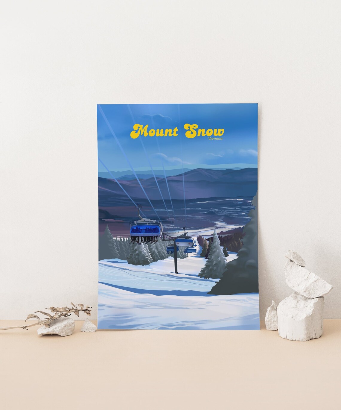 Mount Snow Vermont Chairlift Descent Vintage Dusk Ski Travel Poster - Image 4