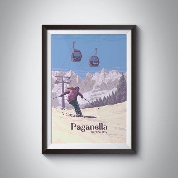 Paganella Ski Resort Poster Trentino Italy Lake Garda Brenta Dolomites Snowboarding Vintage Travel Print Paganella Andalo Skiing Art