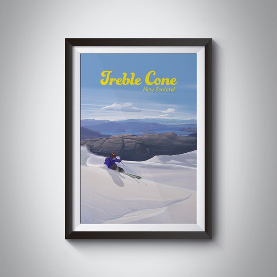 Treble Cone Ski Resort Poster New Zealand Travel Poster Wanaka Queenstown South Island Vintage Ski Poster Wall Art Framed Print Gift