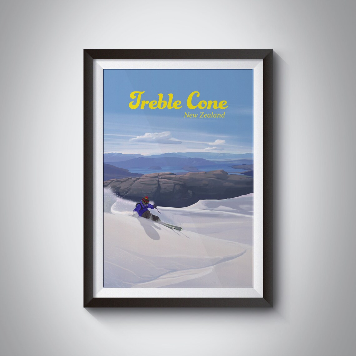Treble Cone New Zealand Classic Powder Skiing Vintage Travel Poster