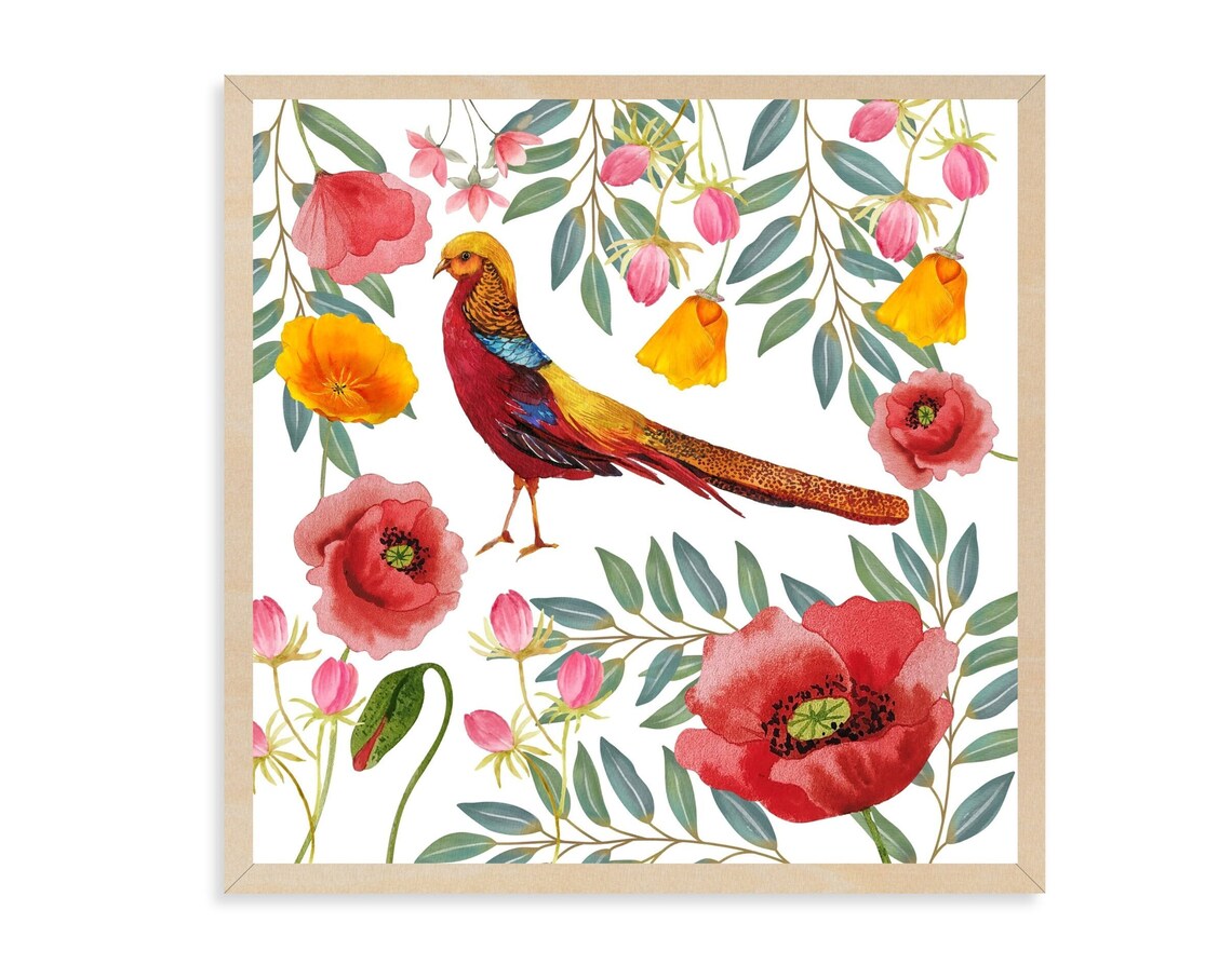 Golden Pheasant Poppy Floral Watercolor Exotic Bird Garden Art Poster