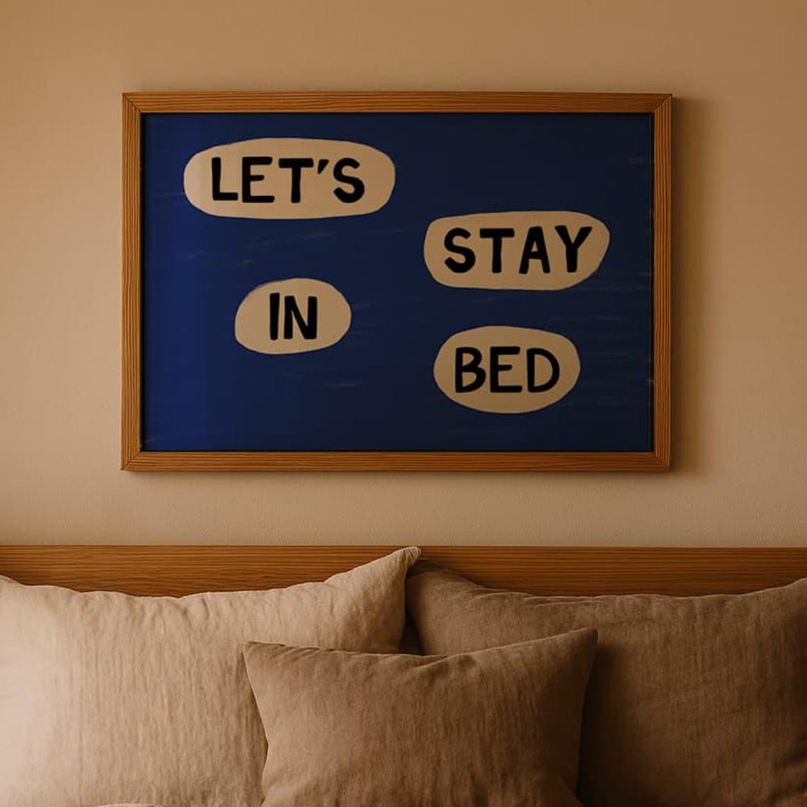 Let's Stay In Bed Blue Playful Hand Lettered Cozy Bedroom Poster