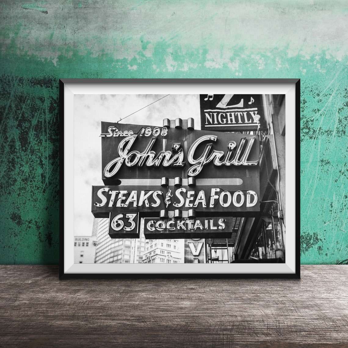 John's Grill Since 1908 Neon Steaks Seafood Cocktails Sign Poster - Image 2