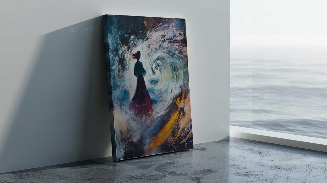 Woman Silhouette Before Swirling Storm Sea Wave Modern Art Print - Image 3