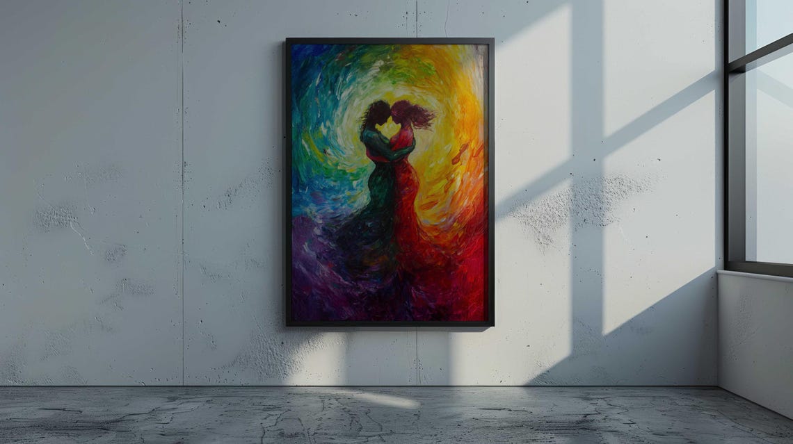 Abstract Expressionist Embracing Couple Rainbow Swirl Wall Poster - Image 3