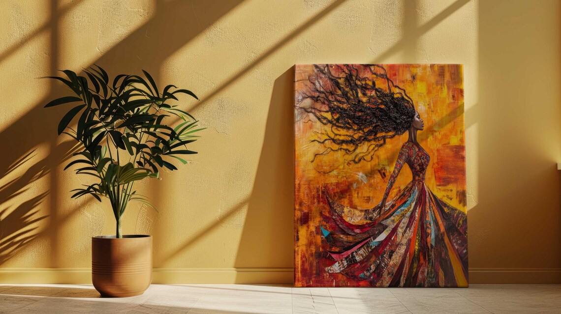 Flowing Hair Woman Profile Colorful Dress Warm Orange Art Print - Image 4