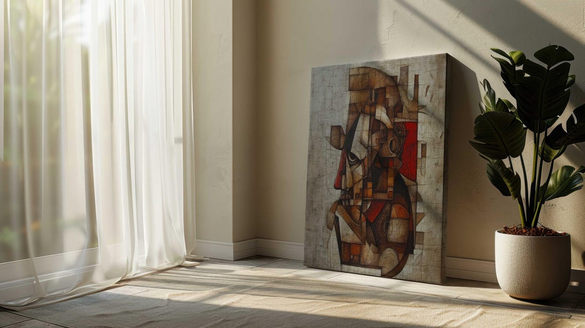Cubist Abstract Face Portrait Earthy Brown Red Modern Art Poster