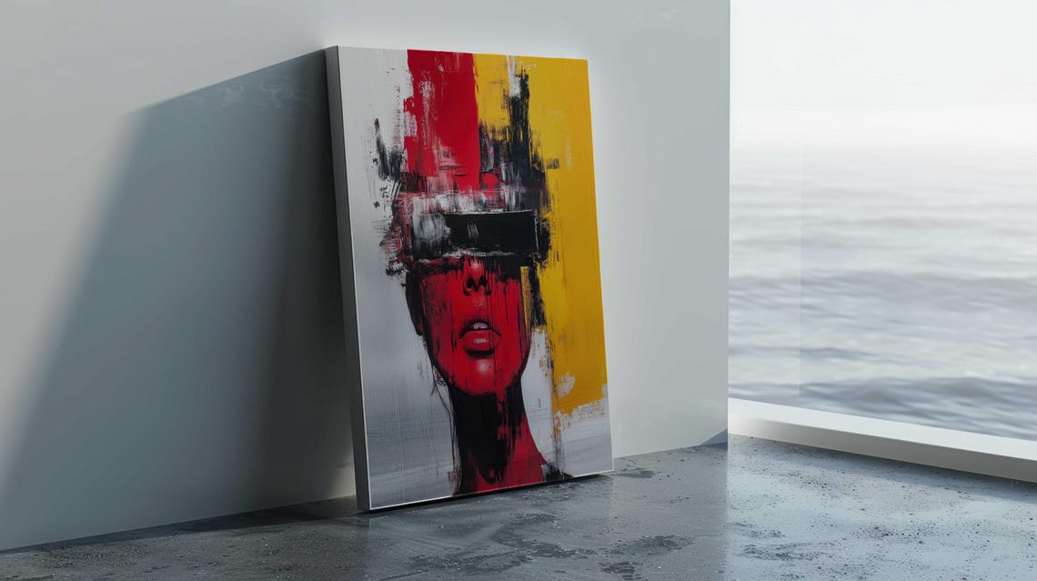 Bold Street Art Woman Face Red Yellow Black Blindfold Wall Art - Image 4