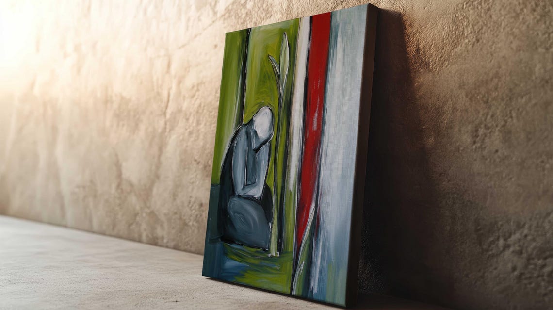 Bowed Figure Green Red Bold Stroke Abstract Emotional Art Print - Image 2