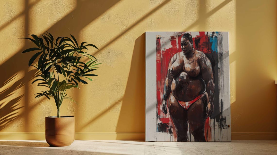 Curvy Black Woman Standing Bold Red Blue Expressionist Art Poster - Image 4
