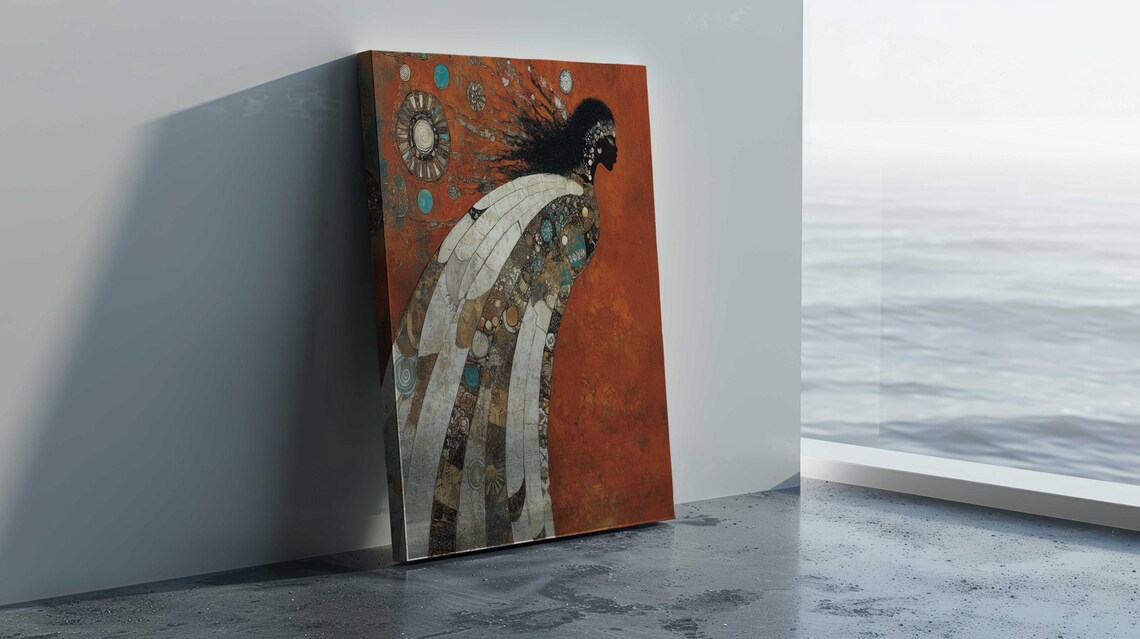 African Woman Mosaic Gown Klimt Inspired Burnt Orange Wall Art