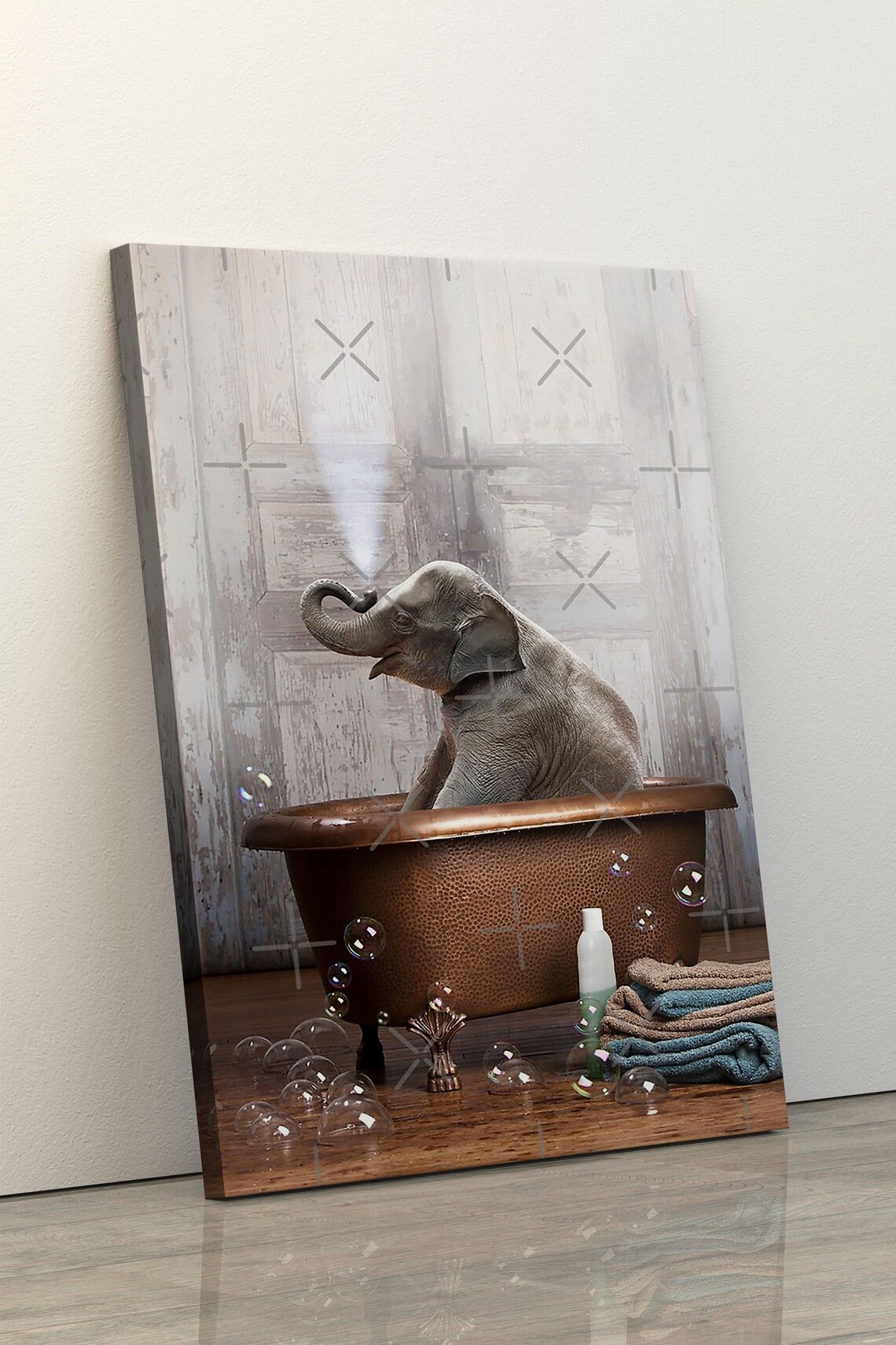 Baby Elephant In Vintage Copper Bathtub With Bubbles Funny Art Poster - Image 5