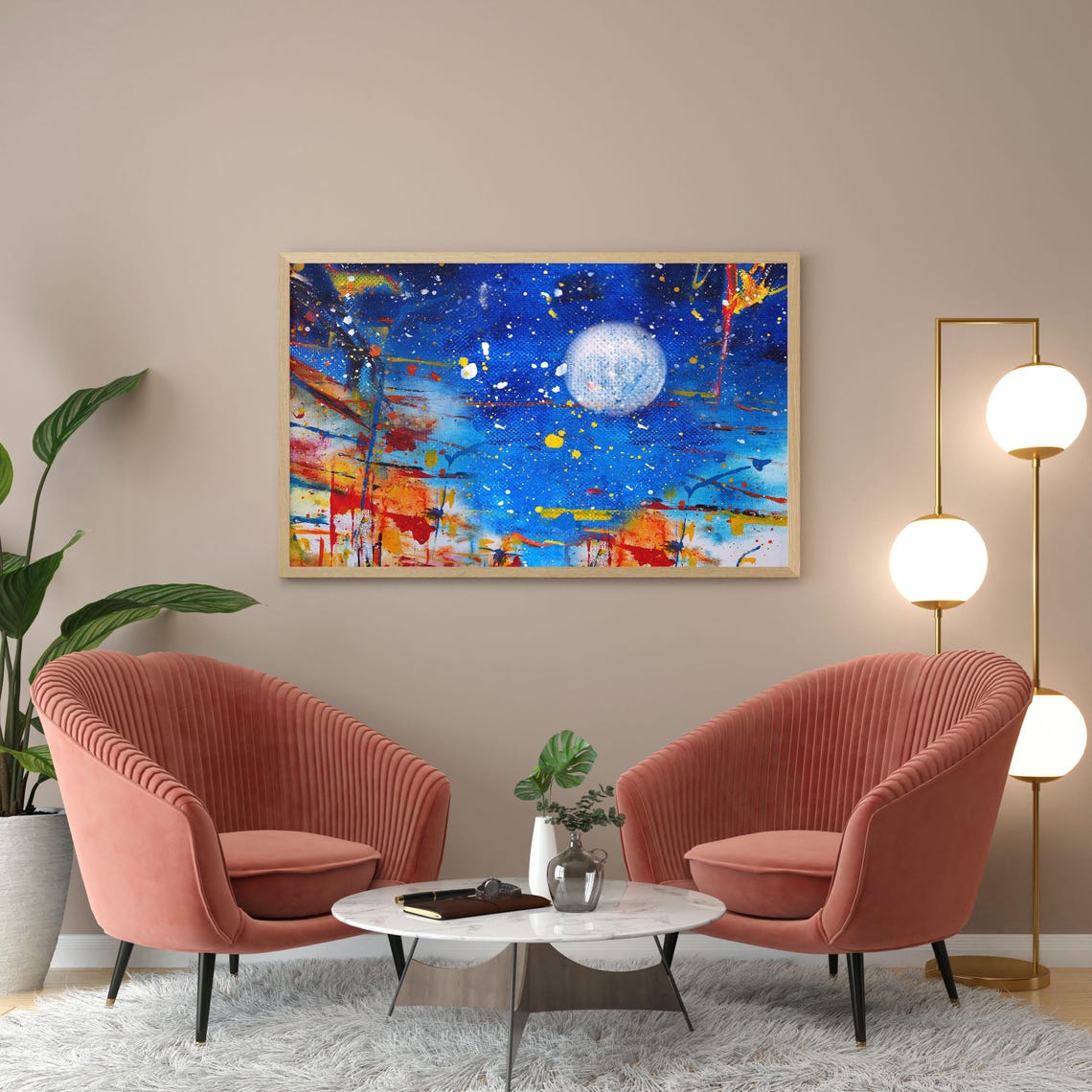 Abstract Blue Night Sky With Moon And Colorful Paint Splashes Wall Art - Image 2