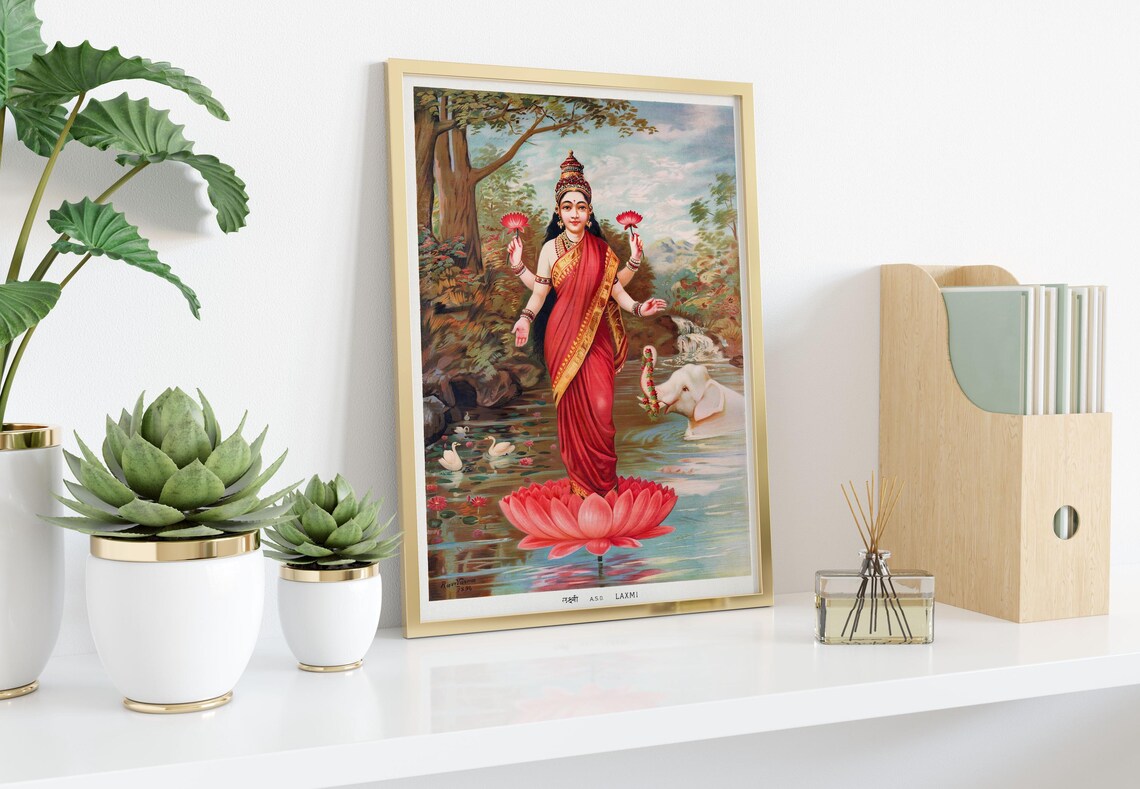 Goddess Lakshmi Vintage Hindu Religious Lotus Pond Art Poster - Image 2