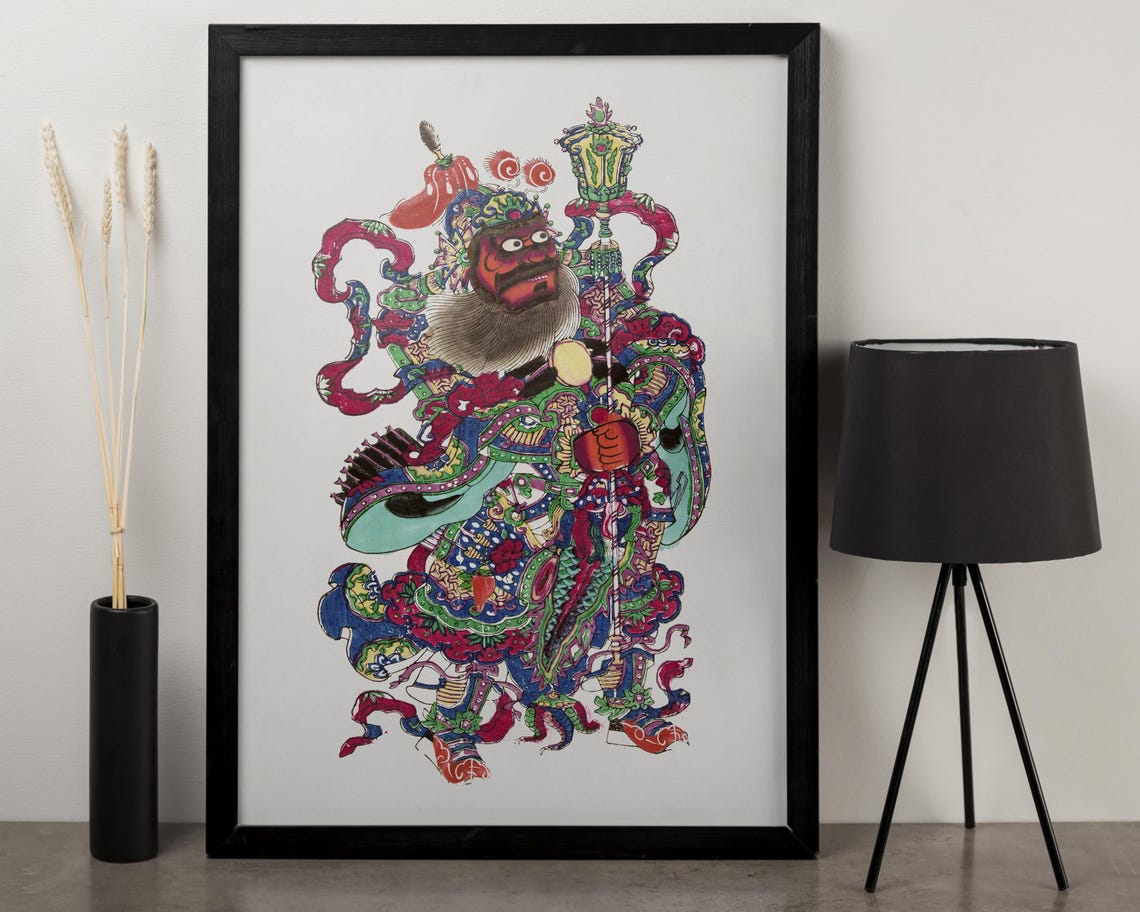 Colorful Chinese Mythological Warrior Guardian Deity Art Poster