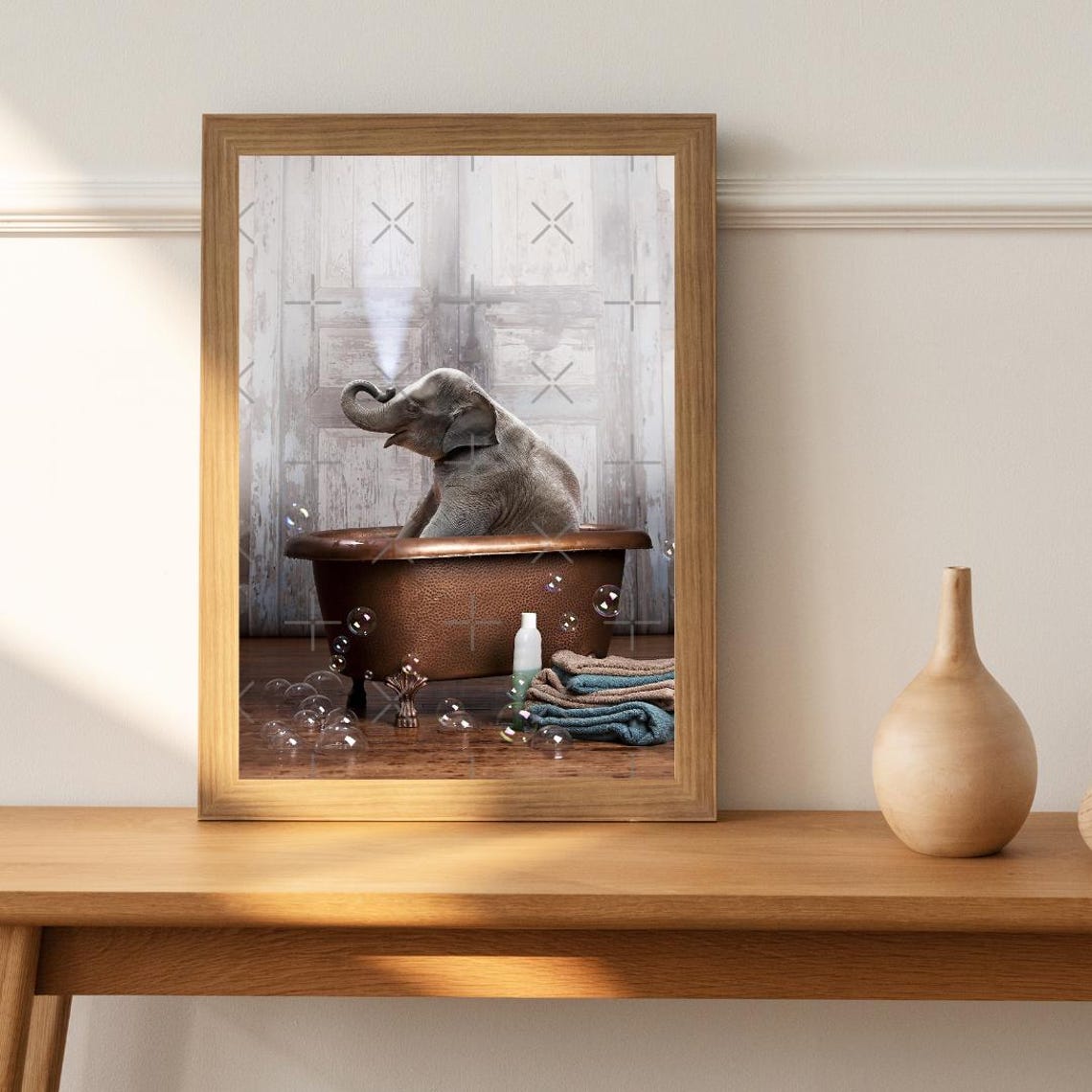 Baby Elephant Copper Bathtub Bubbles Cute Bathroom Scene Poster - Image 3