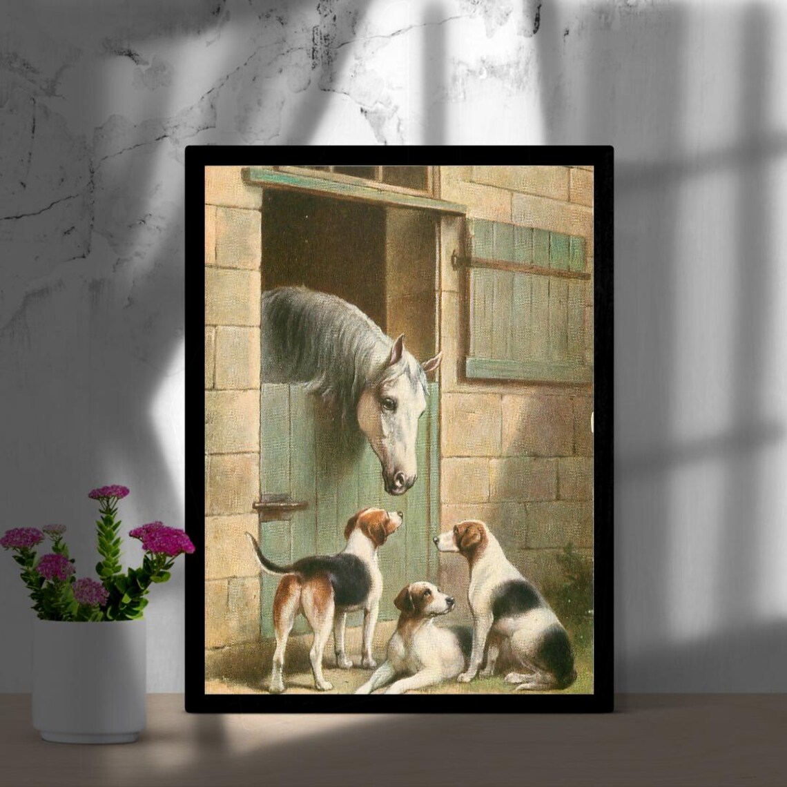 Vintage Horse Greeting Three Hound Dogs at the Stable Door Poster - Image 2