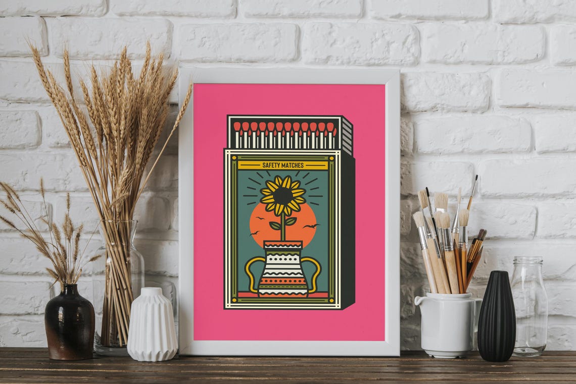 Retro Pink Sunflower Safety Matches Matchbox Label Art Poster - Image 4