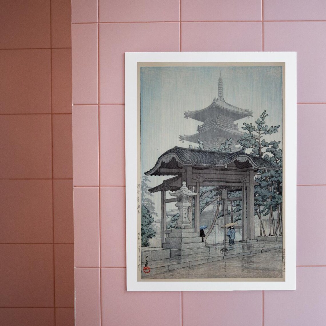 Rainy Japanese Temple Pagoda and Gate Shin-Hanga Woodblock Poster - Image 2