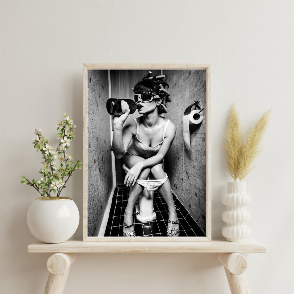 Funny Woman Drinking on Toilet Quirky Bathroom Photography Poster - Image 5