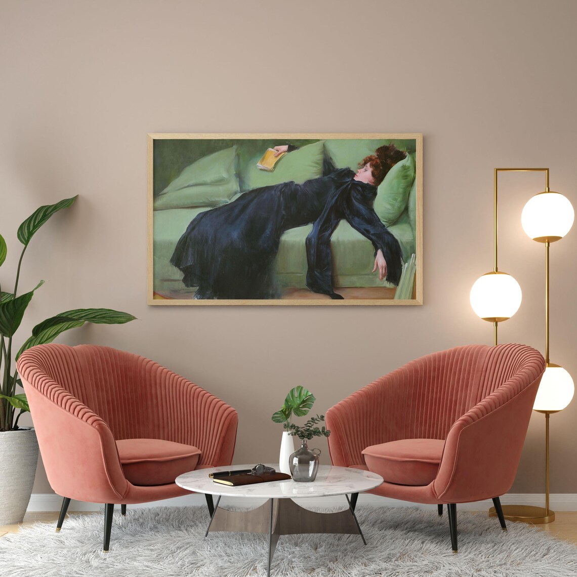 Decadent Young Woman On Green Sofa Ramon Casas Vintage Art Poster - Image 2